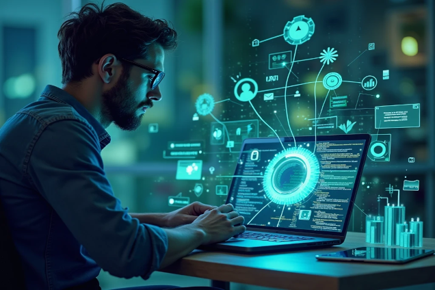 Homem desenvolvendo tecnologia em laptop