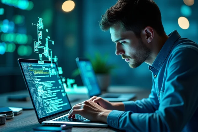 homem no notebook e tecnologia flutuando